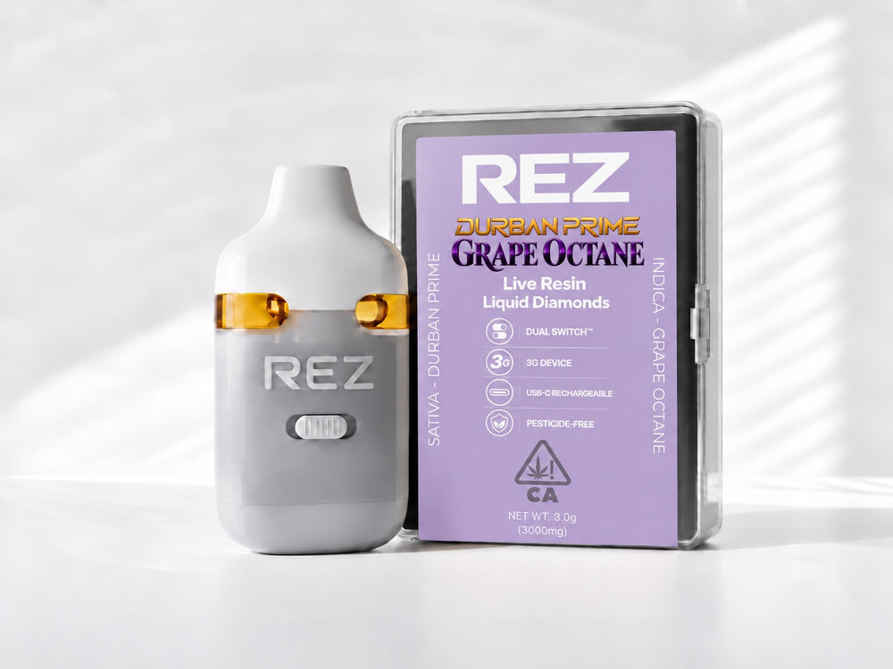 REZ 3 Gram Live Resin Liquid Diamond Vape - Durban Prime (S) + Grape Octane (I)
